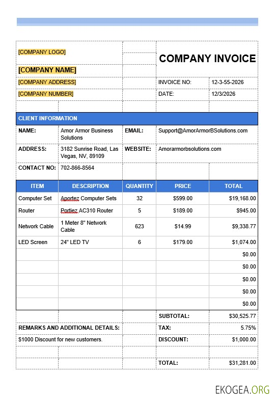 Exemple de modèle de facture pour une entreprise informatique